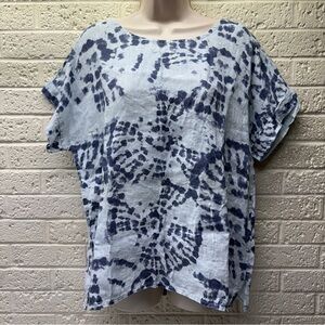 BELLAMBIA M Blue Ink Blot Tie Dye Linen Lagenlook Short Sleeve Blouse Italy •VG‼